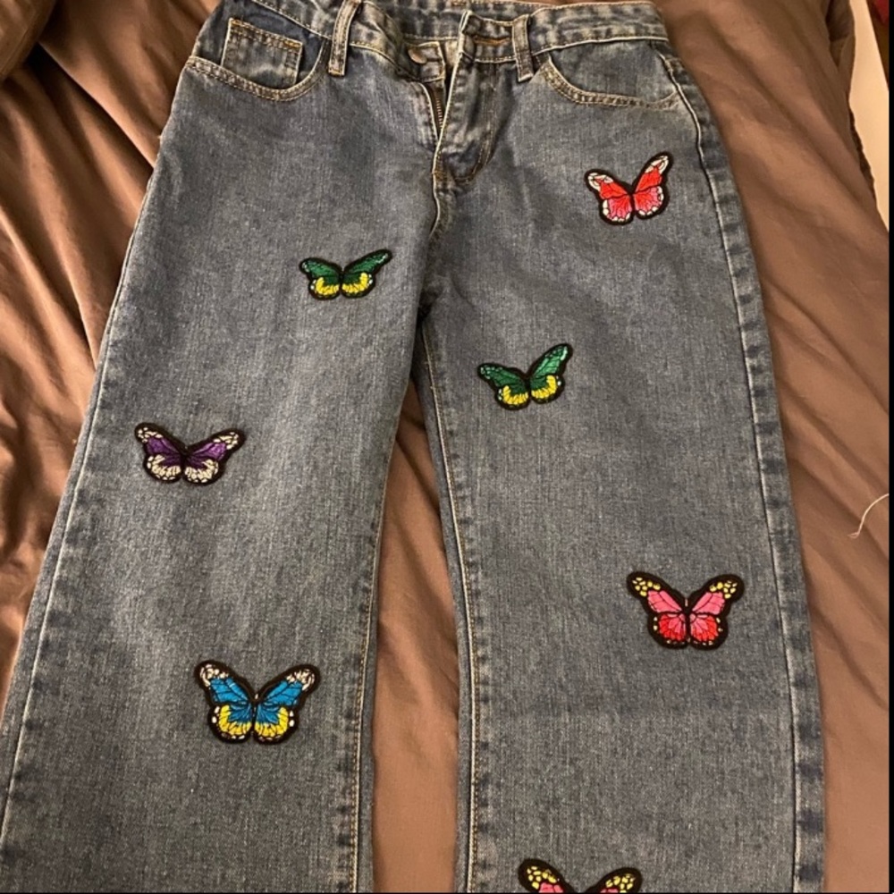 hi-rise butterfly patchwork cropped jeans, size 4 US/CAD
